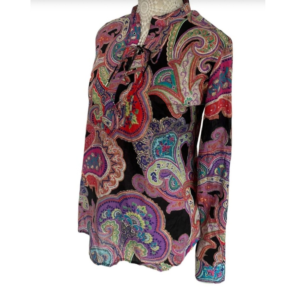 Lauren Ralph Lauren Colorful Paisley 70's Retro Festival Boho Top SZ M Tie Neck